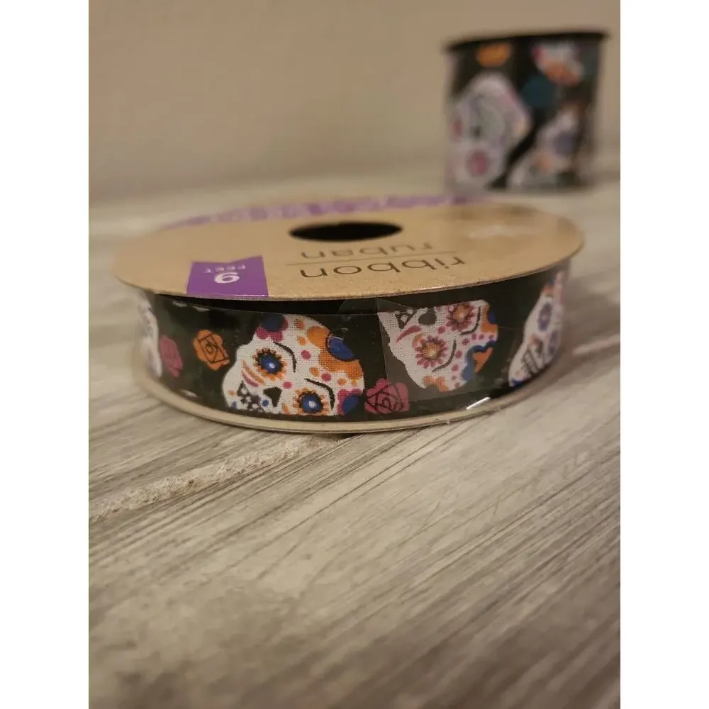 2 Rolls Halloween Day of the Dead Sugar Skull Ribbon Día De Los Muertos NEW